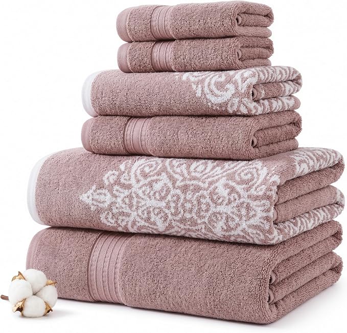 Modern Threads 6-Piece 100% Cotton Damask Medallion Towel Set, Rose | Highly Absorbent, Soft & Plush, Quick-Drying, 550 GSM, Color-Rich Yarn-Dyed Design, OEKO-TEX Certified