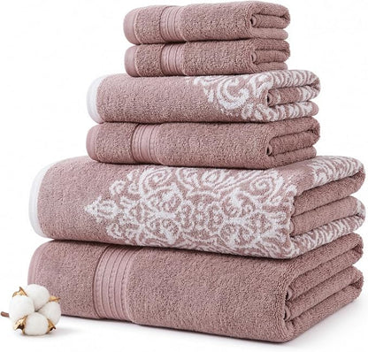 Modern Threads 6-Piece 100% Cotton Damask Medallion Towel Set, Rose | Highly Absorbent, Soft & Plush, Quick-Drying, 550 GSM, Color-Rich Yarn-Dyed Design, OEKO-TEX Certified