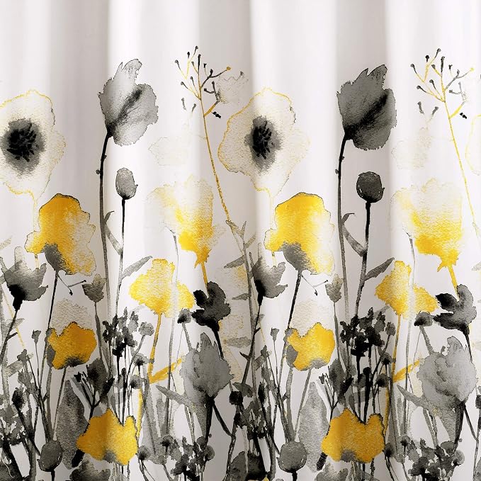 Lush Decor Zuri Flora Shower Curtain Single 72" W x 72" L Yellow & Gray - Floral Shower Curtains for Bathroom - Yellow Bathroom Curtain - Cottage Decor