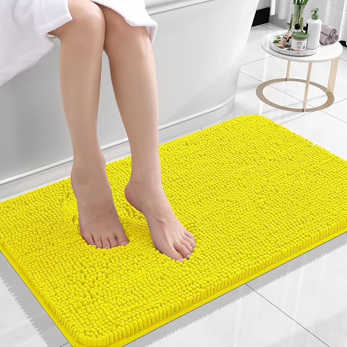 OLANLY Small Bathroom Rugs 24x16, Extra Soft Absorbent Chenille Bath Rugs | Lemon Yellow, Quick-Drying Rubber Backing, Washable Bath Mat for Bathroom Floor, Tub and Shower, Home Decor Accessories