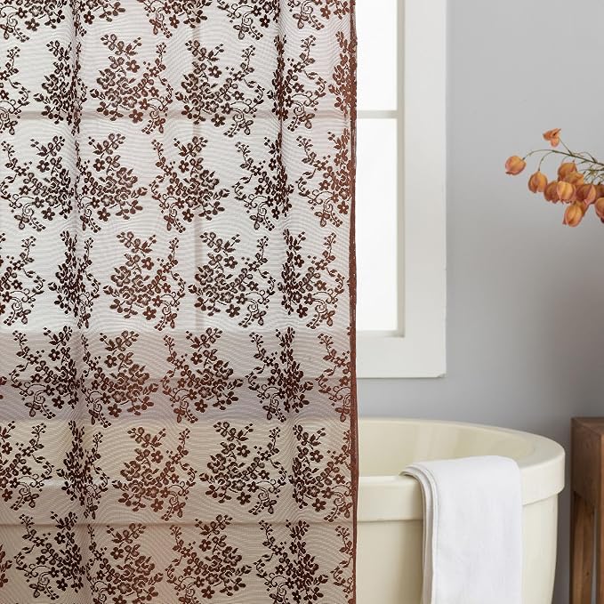 TUDECO Lace Brown Shower Curtain with Attached Valance, 72 x 72 Inch | Chocolate Brown, Cottagecore, Floral Pattern, Autumn Cozy Bathroom Decor, Scalloped Edges, Soft Light, Semi- Privacy