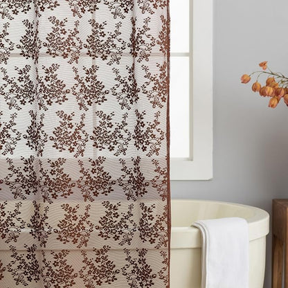 TUDECO Lace Brown Shower Curtain with Attached Valance, 72 x 72 Inch | Chocolate Brown, Cottagecore, Floral Pattern, Autumn Cozy Bathroom Decor, Scalloped Edges, Soft Light, Semi- Privacy