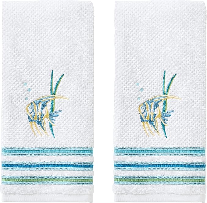 SKL Home Ocean Watercolor Hand Towel, White (2-Pack), 16 x 26 | 100% Cotton. 550 GSM. Plush & absorbent. For use in the bathroom, kitchen or bar. Great for Airbnb & beach décor.