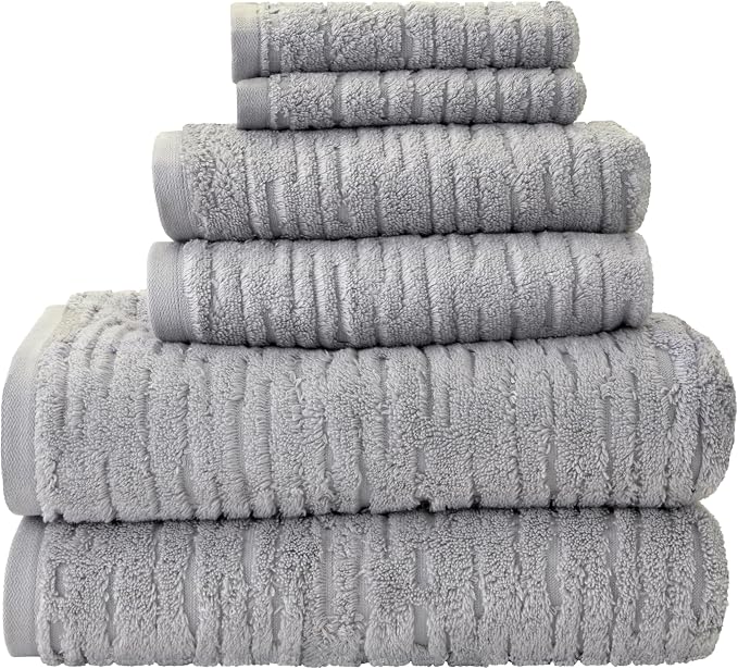 SKL Home CloudSoft Bath Towel Set, 6-Piece, 100% Cotton Luxury, Gray | 2 Bath towels, 2 hand towels, 2 washcloths. Premium spa-level quality. 600/520 GSM weight. Ultra plush & absorbent.