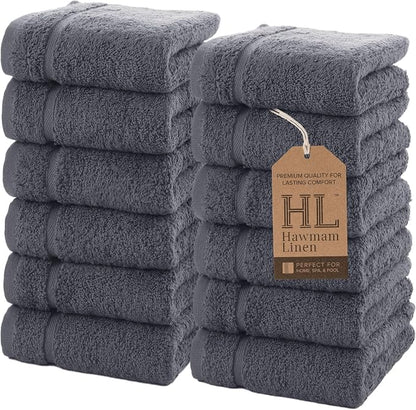 Hawmam Linen Luxury Cotton Washcloths 13x13 Inch - Large Hotel Spa Bathroom Face Towel | 12 Pack | Grey
