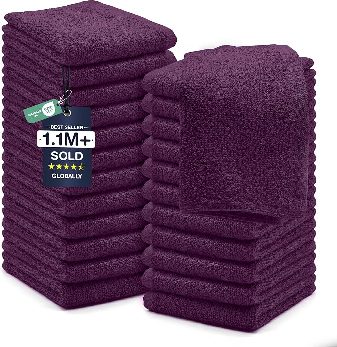 DAN RIVER 24 Pack Cotton Wash Cloths Set for Showering [12x12] Purple | Lighter Weight, Quick to Dry, Super Soft & Absorbent Face Towels, Hotel Quality, Perfect for Bathroom, Gym, Spa