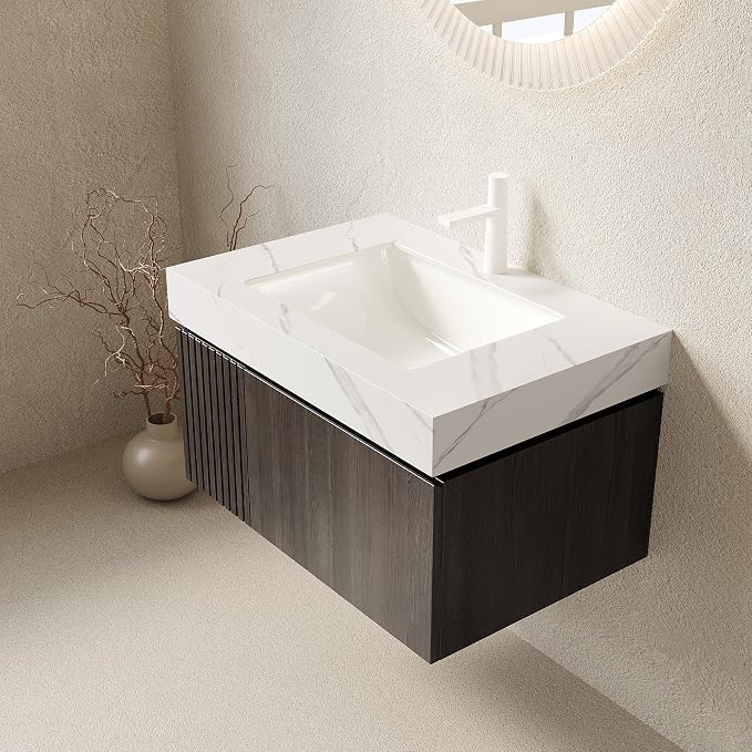 KEIKI 30 Inch Floating Bathroom Vanity with Sink, Espresso & White | Modern Wall Mounted Storage Cabinet w/ Drawer & Door, Pre-assembled Wood Panels, Sintered Stone Top & Ceramic Basin Combo Set
