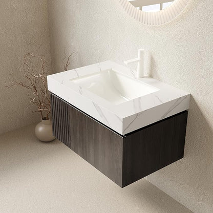 KEIKI 30 Inch Floating Bathroom Vanity with Sink, Espresso & White | Modern Wall Mounted Storage Cabinet w/ Drawer & Door, Pre-assembled Wood Panels, Sintered Stone Top & Ceramic Basin Combo Set