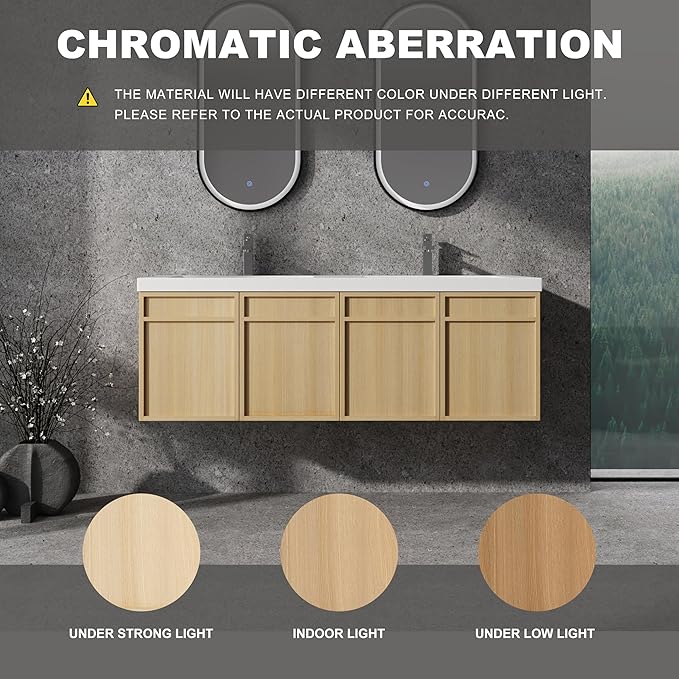 60" Wall Mounted Bathroom Vanity - Floating Bathroom Vanity with Double Resin Sink, 4 Soft Closing Doors, Original Oak Plywood (KD-Packing)