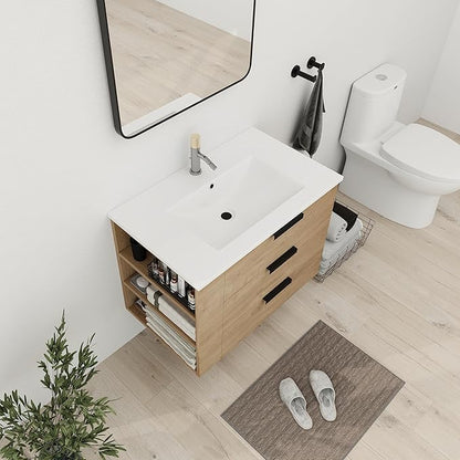 Bathroom Vanity with Sink 30 Inch, Single Sink Modern Bathroom Vanities Set, Wall-Mounted Bathroom Vanity, Floating Soft Close Door (IMO, 30 * 18)