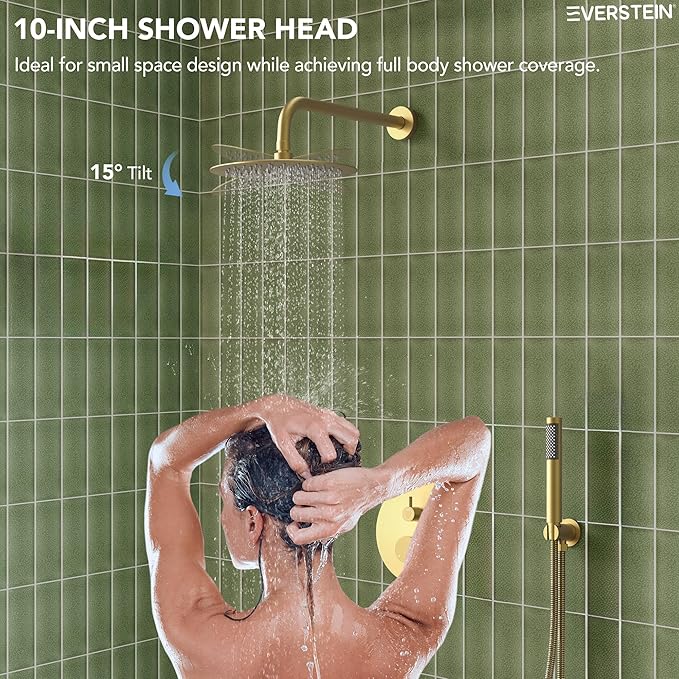 10" High-Pressure Rainfall Shower System with Handheld Spray, Wall Mount Bathroom Shower Faucet Set with Tub Spout, Brushed Gold (Valve Included)