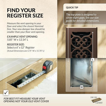 Decor Grates Metal Scroll Decorative Air Vent Cover 6x12 Floor Register – Adjustable Control Lever – AC Floor Vent Covers for Home Floor Vents – Fits 6 x 12 Inch Opening – Rubbed Bronze (SPH612-RB)