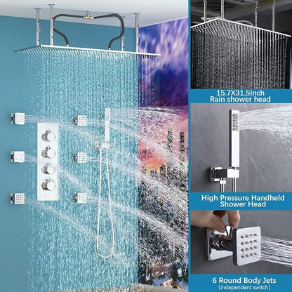 Bathroom Shower System, 16X32 inches Ceiling Mount Thermostatic Large Rain Shower with Adjustable Flow Body Jets, Multi Shower Jets System Can Run All At Once (Chrome)