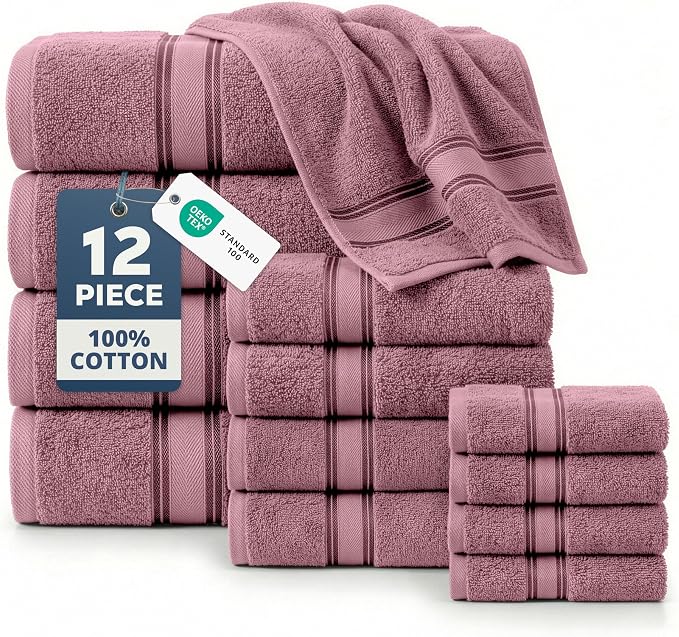 LANE LINEN Bath Towel Set 100% Cotton 12 Piece Soft - Wishful Mauve | Cotton Towel Set - Densely Woven, Coordinated Colors, Dobby Border Accent, OEKO-TEX Certified, Zero-Twist Durability