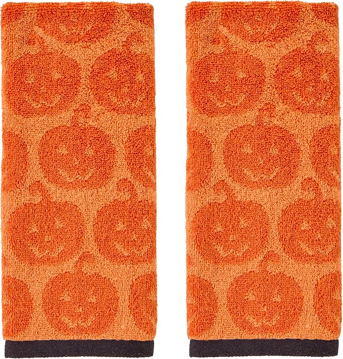 SKL Home Halloween Jack-O-Lantern Hand Towel Set-2pc, 100% Cotton, Orange | Soft & absorbent. Reversible jacquard pattern. Great for the bathroom, kitchen or bar & gifting.