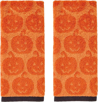 SKL Home Halloween Jack-O-Lantern Hand Towel Set-2pc, 100% Cotton, Orange | Soft & absorbent. Reversible jacquard pattern. Great for the bathroom, kitchen or bar & gifting.