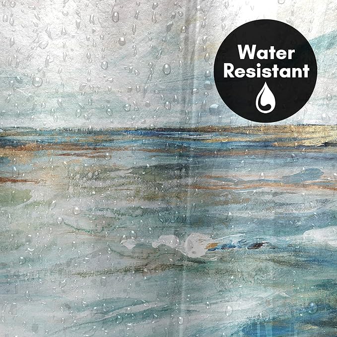 Americanflat 71x74 Beach Shower Curtain - Water-Resistant Long Shower Curtain with Coastal Landscape Design - Durable Metal Grommets and 12 Hooks - Polyester - Sky Blue, Seafoam Green, Beige and Grey