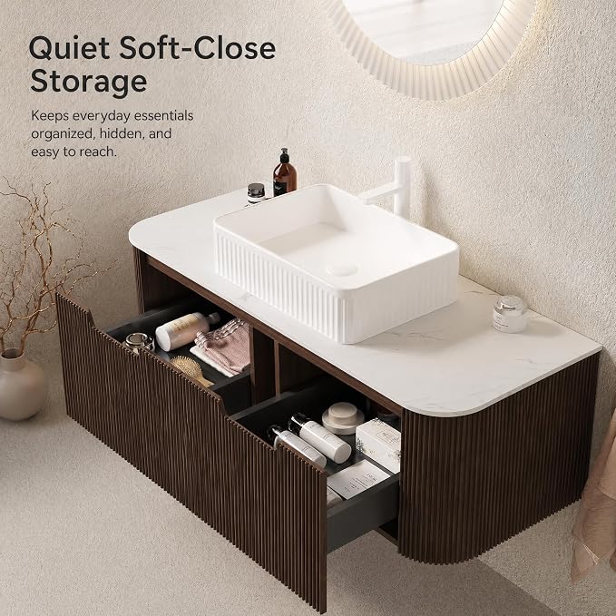 48 Inch Bathroom Vanity with Sink, Floating Wall Mounted Single Sink Vanity, Dark Walnut Curved Fluted Front, Stone Top, White Textured Rectangular Vessel Basin, Pre-Assembled