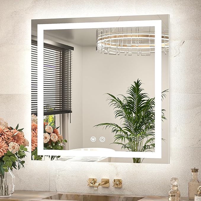 TETOTE 30 x 30 Inch LED Bathroom Mirror with Frontlit and Backlit, Brighter Light up Bathroom Vanity Mirror with Lights, 3-Color Dimmable Illuminated Anti Fog Mirror Wall Mounted, Waterproof