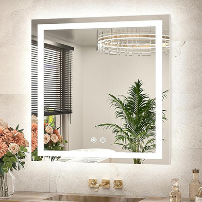 TETOTE 30 x 30 Inch LED Bathroom Mirror with Frontlit and Backlit, Brighter Light up Bathroom Vanity Mirror with Lights, 3-Color Dimmable Illuminated Anti Fog Mirror Wall Mounted, Waterproof