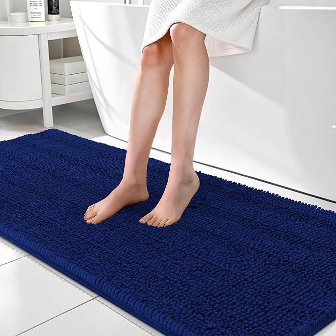 OLANLY Thick Bathroom Runner Rugs 70x24, Soft Chenille Long Bath Rugs, Navy | Absorbent Striped, Rubber Backing, Machine Wash, Bath Mats for Bathroom Floor, Tub and Shower, Home Decor Accessories