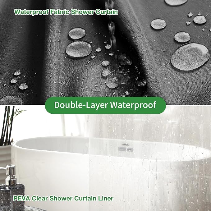 3 in 1 Shower Curtain Set, 72x78 Black Shower Curtain and Liner Set with 12 Double Sided Shower Curtain Hooks, Cloth Shower Curtains for Bathroom,Waterproof