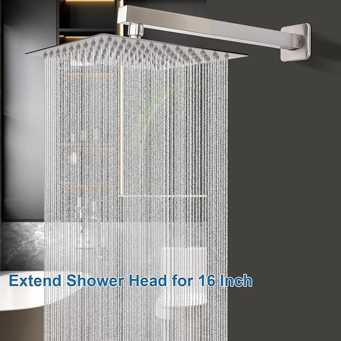 Shower Head with Extension Arm, High Pressure Square with ShowerArm, Stainless Steel Rainfall-Waterfall Full Body Coverage (10'' Shower with 16'' Arm, Brushed Nickel)