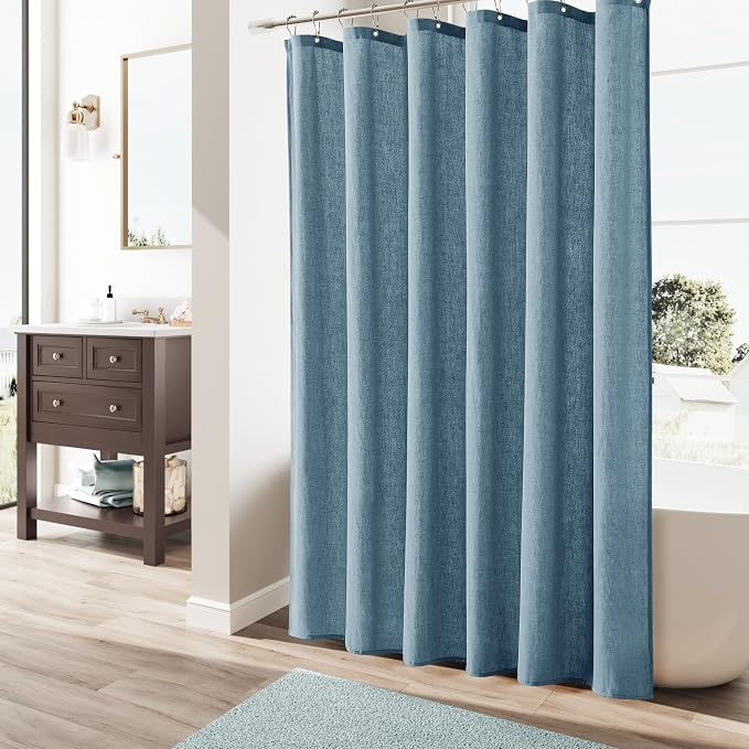 Blue Linen Shower Curtain, Cloth Textured Fabric Shower Curtain Set with Hooks, Simple Elegant Modern Farmhouse Country Ultra Thick Bath Curtains for Bathroom,Water Repellent,72x78