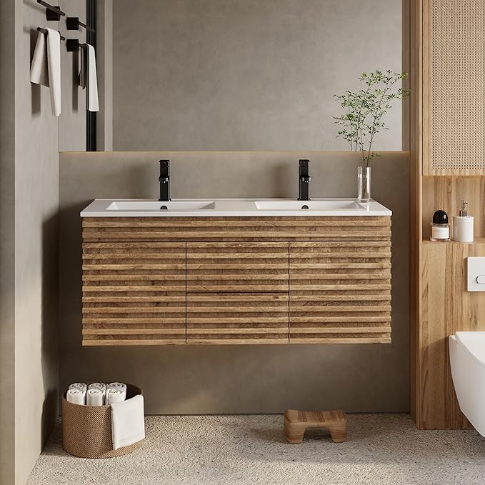 eclife 48" Floating Bathroom Vanity with Sink Combo Mid-Century Wall Mounted Cabinet with Wood Stripes Decor, Drawers, Undermount Double Sink, Faucet, Drain, Light Walnut