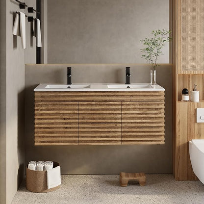 eclife 48" Floating Bathroom Vanity with Sink Combo Mid-Century Wall Mounted Cabinet with Wood Stripes Decor, Drawers, Undermount Double Sink, Faucet, Drain, Light Walnut