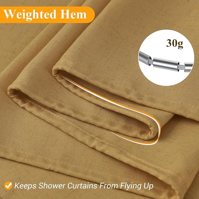 Gold Linen Shower Curtains 78 Inches Long, Tall Country Boho Farmhouse Shower Curtains for Bathroom Natural Cloth Weighted Fabric Bath Curtain with Hooks, 72x78