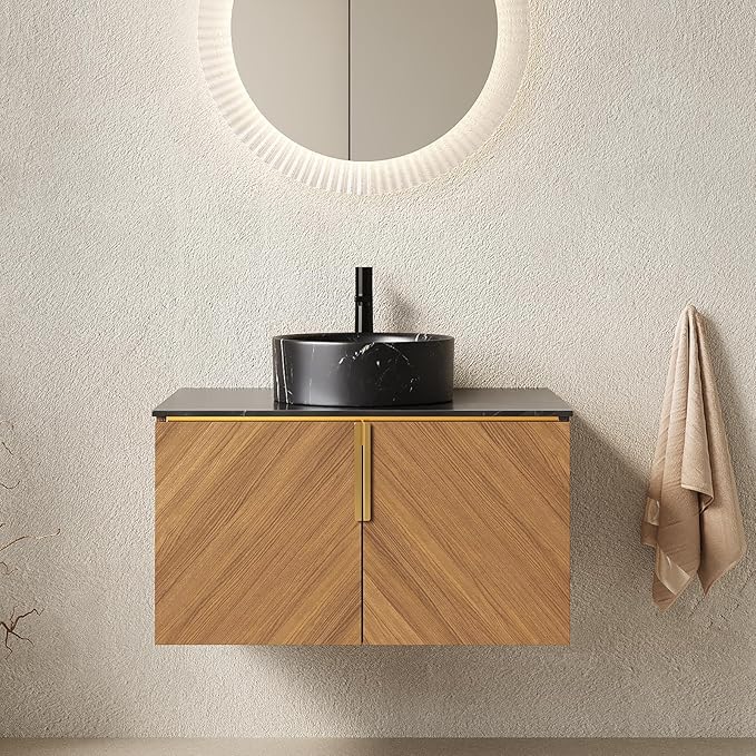 30" Floating Bathroom Vanity with Sink Combo, Modern Vanity with Vessel Sink, Wall-Mounted Bathroom Vanity Cabinet with Doors, Black Countertop and Black Round Ceramic Basin,Brown Oak