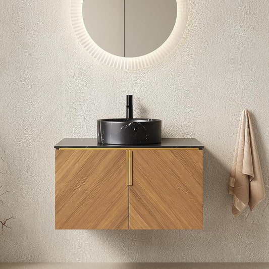 30" Floating Bathroom Vanity with Sink Combo, Modern Vanity with Vessel Sink, Wall-Mounted Bathroom Vanity Cabinet with Doors, Black Countertop and Black Round Ceramic Basin,Brown Oak
