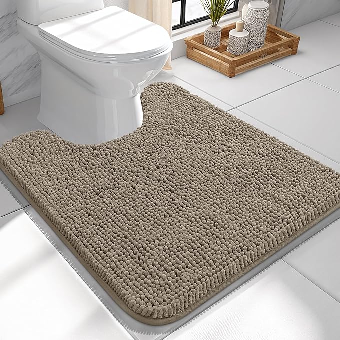 OLANLY Toilet Rugs U-Shaped 24x24, Soft Absorbent Chenille Contour Rugs | Warm Taupe, Quick-Drying Rubber Backing, Machine Washable Non-Slip Shaggy Bathroom Mat for Toilet, Home Decor Accessories