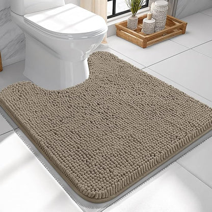 OLANLY Toilet Rugs U-Shaped 24x24, Soft Absorbent Chenille Contour Rugs | Warm Taupe, Quick-Drying Rubber Backing, Machine Washable Non-Slip Shaggy Bathroom Mat for Toilet, Home Decor Accessories