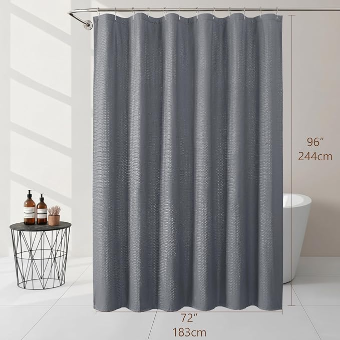 Extra Long Grey Shower Curtain 96 Inch Long 1 Piece, Waffle Embossed Textured Fabric Shower Curtain for Bathroom Large Hotel, Water Resistant, Machine Washable, 72Wx96L Inches
