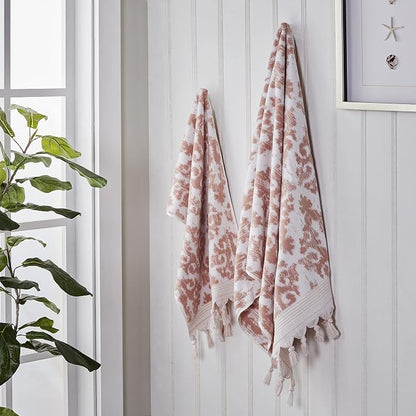 SKL Home Mirage Fringe Hand Towel Set-2pc, 100% Turkish Cotton, Blush | 640 GSM weight. Spa-level quality. Soft & absorbent, reversible jacquard. For the bathroom, kitchen, bar or any sink space.