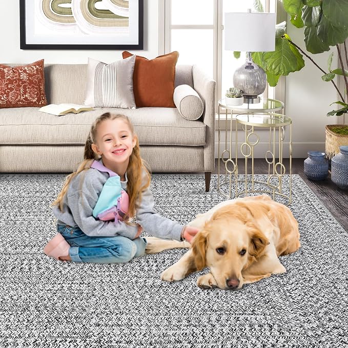 Washable Area Rugs 5x7 Rug for Living Room Non Slip Modern Rug Soft Area Rug for Bedroom Farmhouse Braided Print Throw Rugs Contemporary Stain Resistant Carpet for Dining Room 5'x7' Light Grey