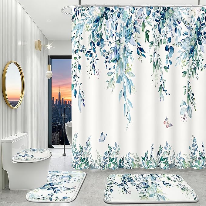 16 Pcs Blue Eucalyptus Shower Curtain Set with Absorbent Rugs and Metal Hooks,Premium 120gsm Heavy Weight Fabric Shower Curtain,Botanical Bathroom Deco (B-Blue)