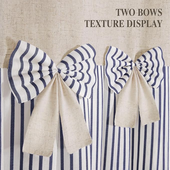 Farmhouse Shower Curtain Linen Bow Pleated Blue Stripe 72"W x 72"L | Farmhouse Style, Chic Bow, Striped, Linen Fabric, Rustic, Country, Natural Look, Washable, for Bathroom Bathtub