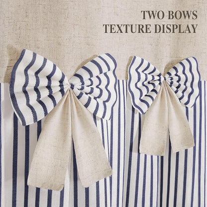 Farmhouse Shower Curtain Linen Bow Pleated Blue Stripe 72"W x 72"L | Farmhouse Style, Chic Bow, Striped, Linen Fabric, Rustic, Country, Natural Look, Washable, for Bathroom Bathtub
