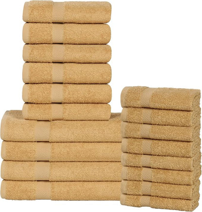 SUPERIOR 18-Piece Cotton Assorted Towel Set, Includes 8 Face Towel, 6 Hand, and 4 Bath Towels, Home, Bathroom, Guest Bath Essentials, Quick Dry, Absorbent, Franklin Collection - Gold