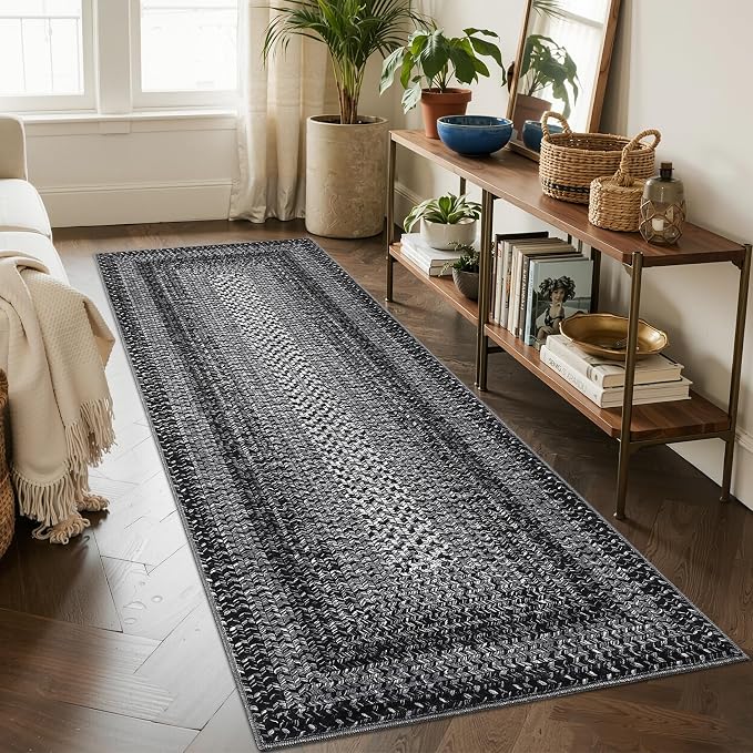 Imitation Braided Collection-Print Long Hallway Runners 2x10 Washable Area Rug, Farmhouse Rustic Bordered Area Rug Non Slip Soft Low Pile Indoor Carpet Runners for Entryways, Laundry Room