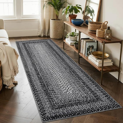Imitation Braided Collection-Print Long Hallway Runners 2x10 Washable Area Rug, Farmhouse Rustic Bordered Area Rug Non Slip Soft Low Pile Indoor Carpet Runners for Entryways, Laundry Room