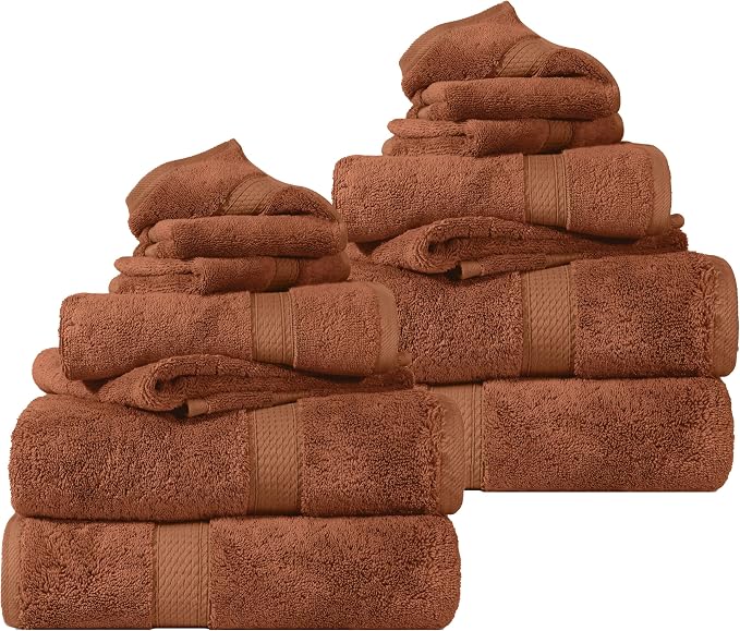 SUPERIOR Egyptian Cotton Ultra Plush & Absorbent, 12 Piece Set, Rust | Heavyweight 12 Pc Egyptian Cotton Towel Set Includes 4 Bath Towels 4 Hand Towels 4 Washcloths Decorative Rope Border