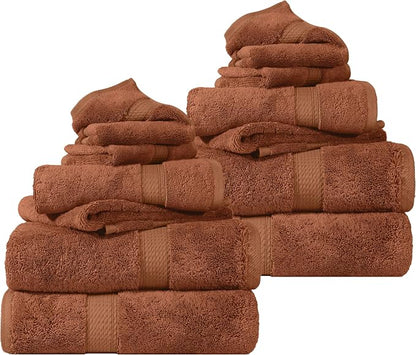 SUPERIOR Egyptian Cotton Ultra Plush & Absorbent, 12 Piece Set, Rust | Heavyweight 12 Pc Egyptian Cotton Towel Set Includes 4 Bath Towels 4 Hand Towels 4 Washcloths Decorative Rope Border