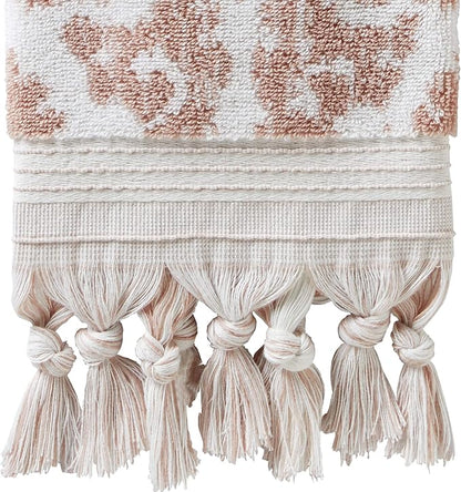 SKL Home Mirage Fringe Hand Towel Set-2pc, 100% Turkish Cotton, Blush | 640 GSM weight. Spa-level quality. Soft & absorbent, reversible jacquard. For the bathroom, kitchen, bar or any sink space.