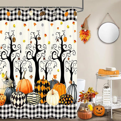 Halloween Shower Curtain Set Pumpkin Tree Leaves Buffalo Plaid Shower Curtains Waterproof Fabric Bath Curtains with 12 Hooks for Fall Halloween Bathroom Decor, 72 x 72 Inches