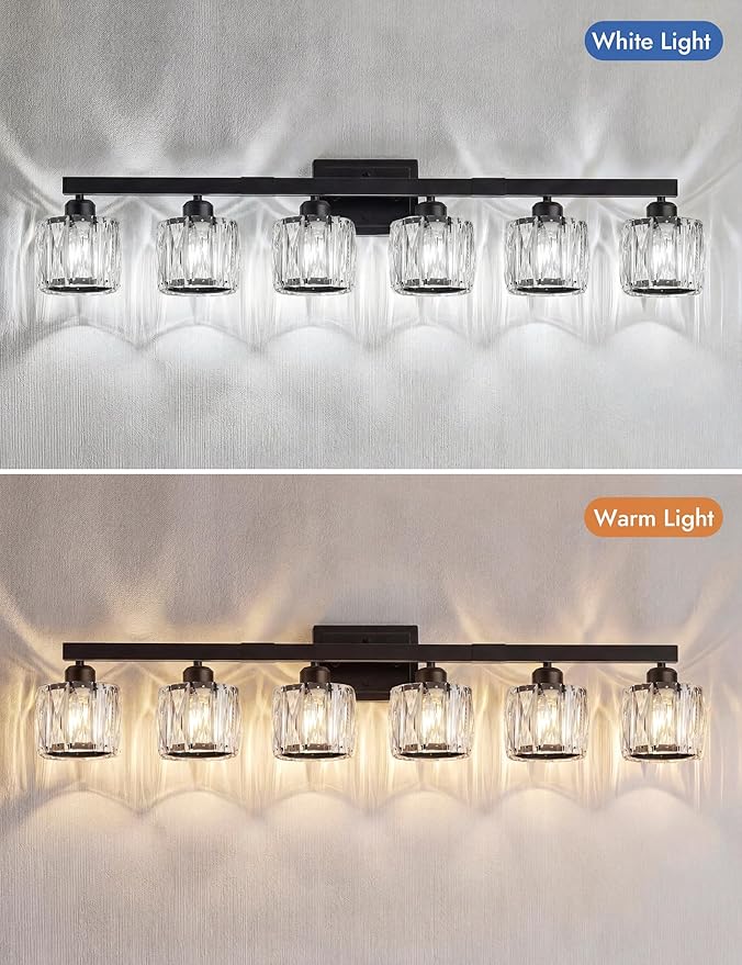VOLISUN Crystal Vanity Lights for Bathroom, 6 Light Bathroom Vanity Light, Modern Matte Black Bathrooms Light Over Mirror, Black Bathrooms Lights Fixtures-UL Certificated(Exclude Bulb)