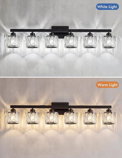 VOLISUN Crystal Vanity Lights for Bathroom, 6 Light Bathroom Vanity Light, Modern Matte Black Bathrooms Light Over Mirror, Black Bathrooms Lights Fixtures-UL Certificated(Exclude Bulb)